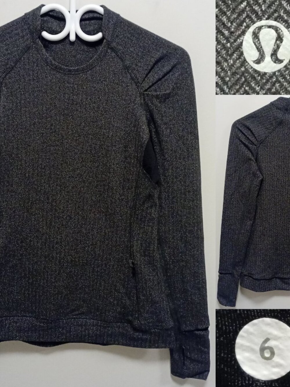 Lululemon Think Fast Long Sleeve Heathered Herringbone Black Rulu Size 6 Small